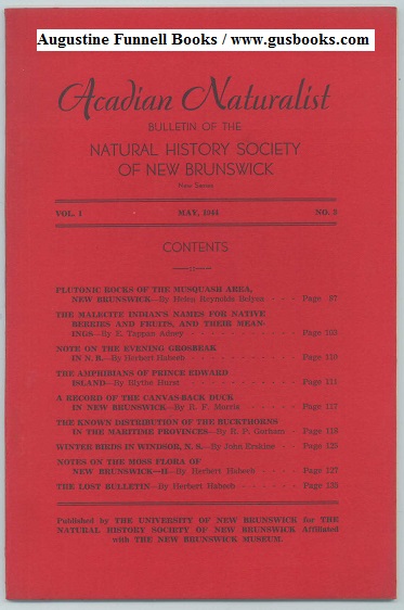 Image for ACADIAN NATURALIST, Bulletin of the Natural History Society of New Brunswick, New Series, Vol. 1 No.3, May 1944
