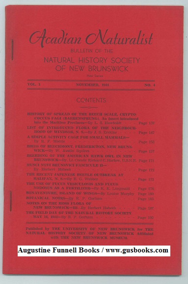 Image for ACADIAN NATURALIST, Bulletin of the Natural History Society of New Brunswick, New Series, Vol. 1 No.4, November/Nov. 1944