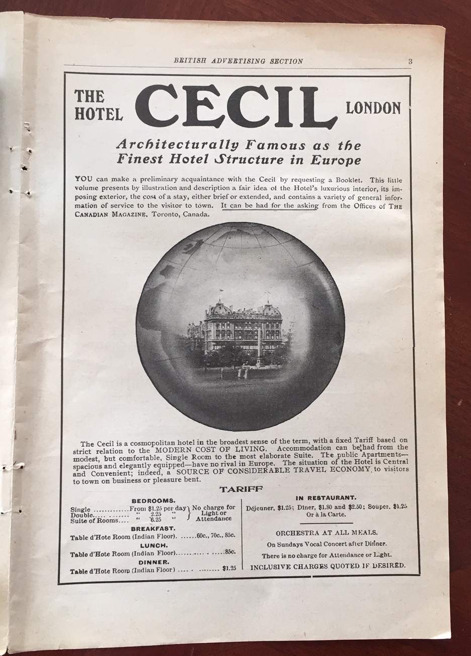 The Hotel Cecil, London, 1908 vintage print ephemera