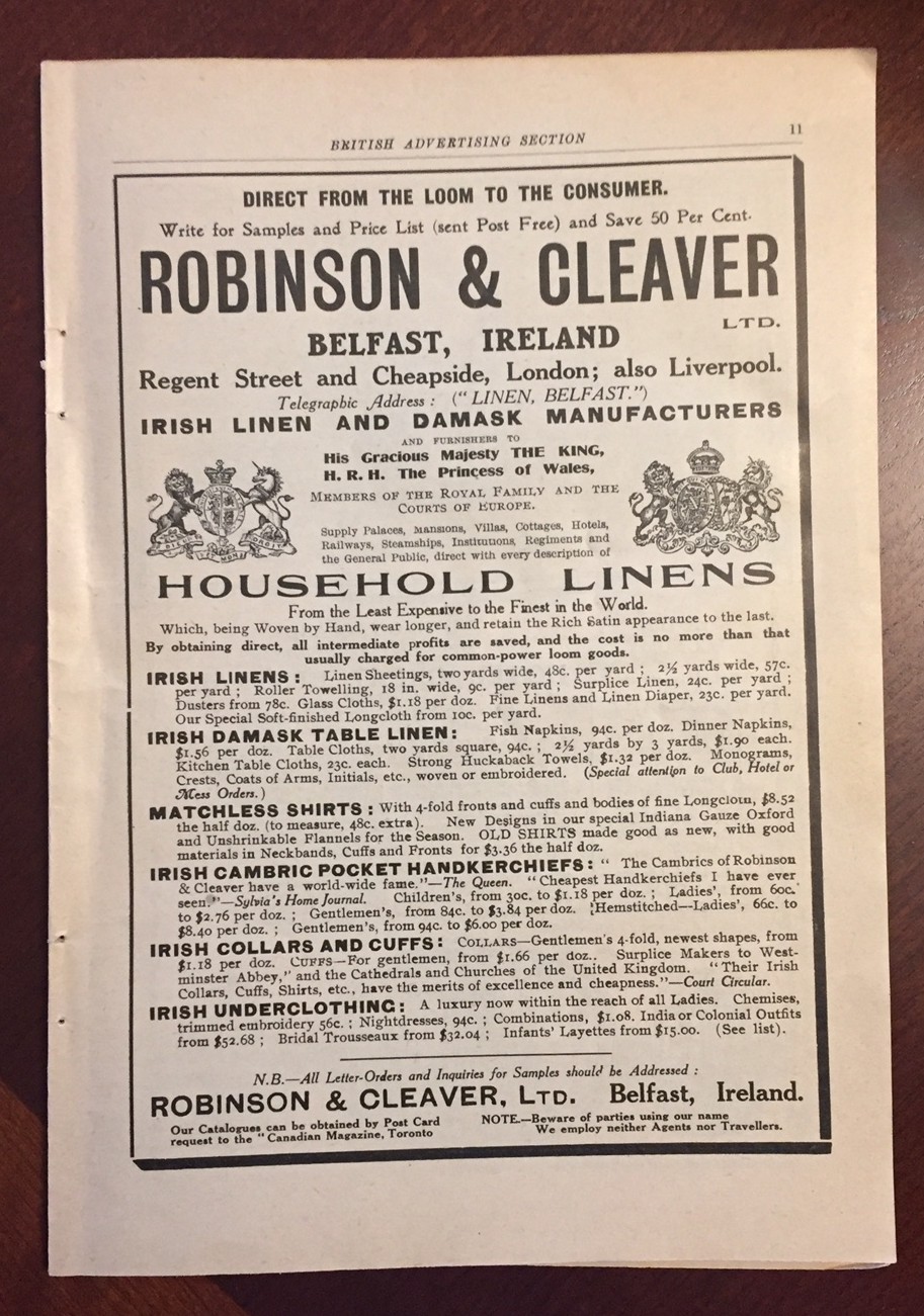 Robinson & Cleaver, Irish Linen and Damask Manufacturers, 1908 vintage print ephemera