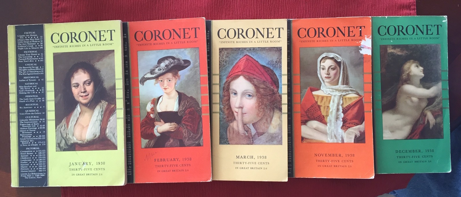 CORONET, A five-issue lot (January, February, March, November, December) from 1938
